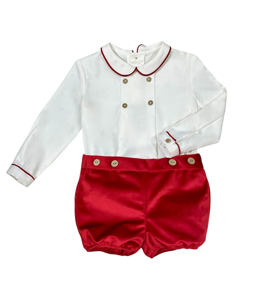 Conjunto Bermuda Rojo en Velvet y Camisa Manga Larga Cuello Peter Pan