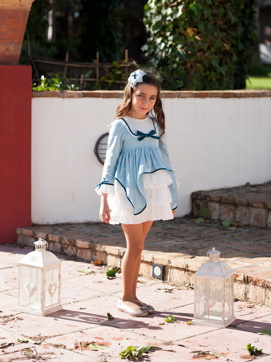 Vestido Talle Alto Azul con Detalles de Terciopelo a Tono