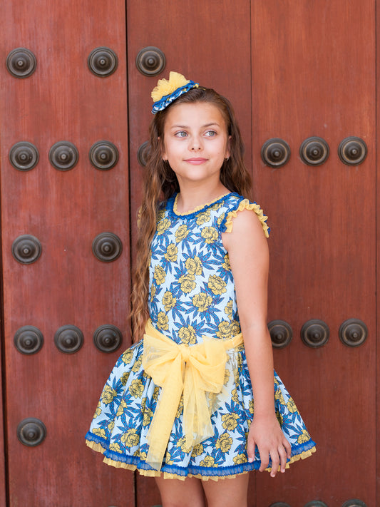 Vestido Estampado Rosas Amarillo y Azul Talle Bajo