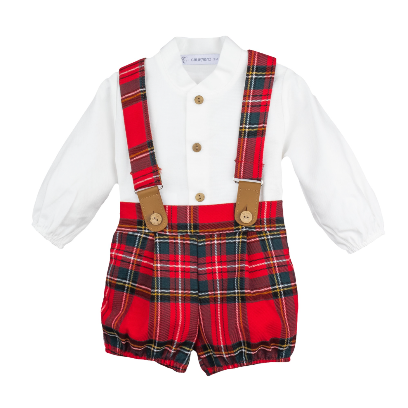 Conjunto de Tirantes Rojo de Tartan con Camisa Manga Larga Blanca