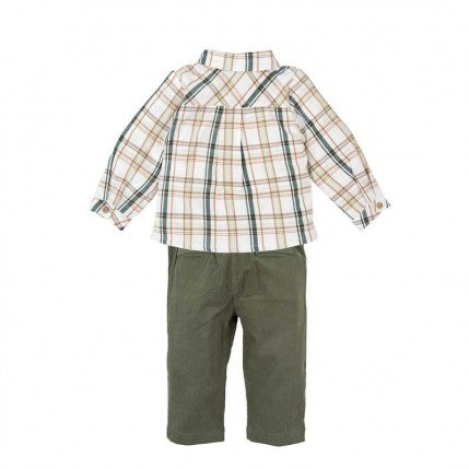 Conjunto Camisa Manga Larga de Cuadros y Pantalon Verde Olivo